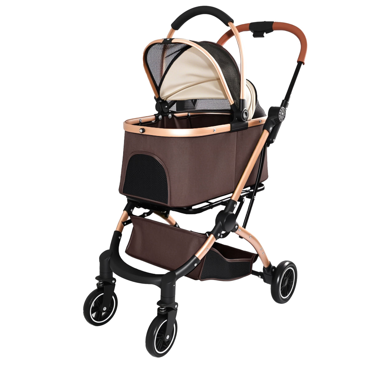 Foldable 4 Wheel Pet Stroller. Quick One-Hand Fold, Detachable Carry Basket (Brown or Black)