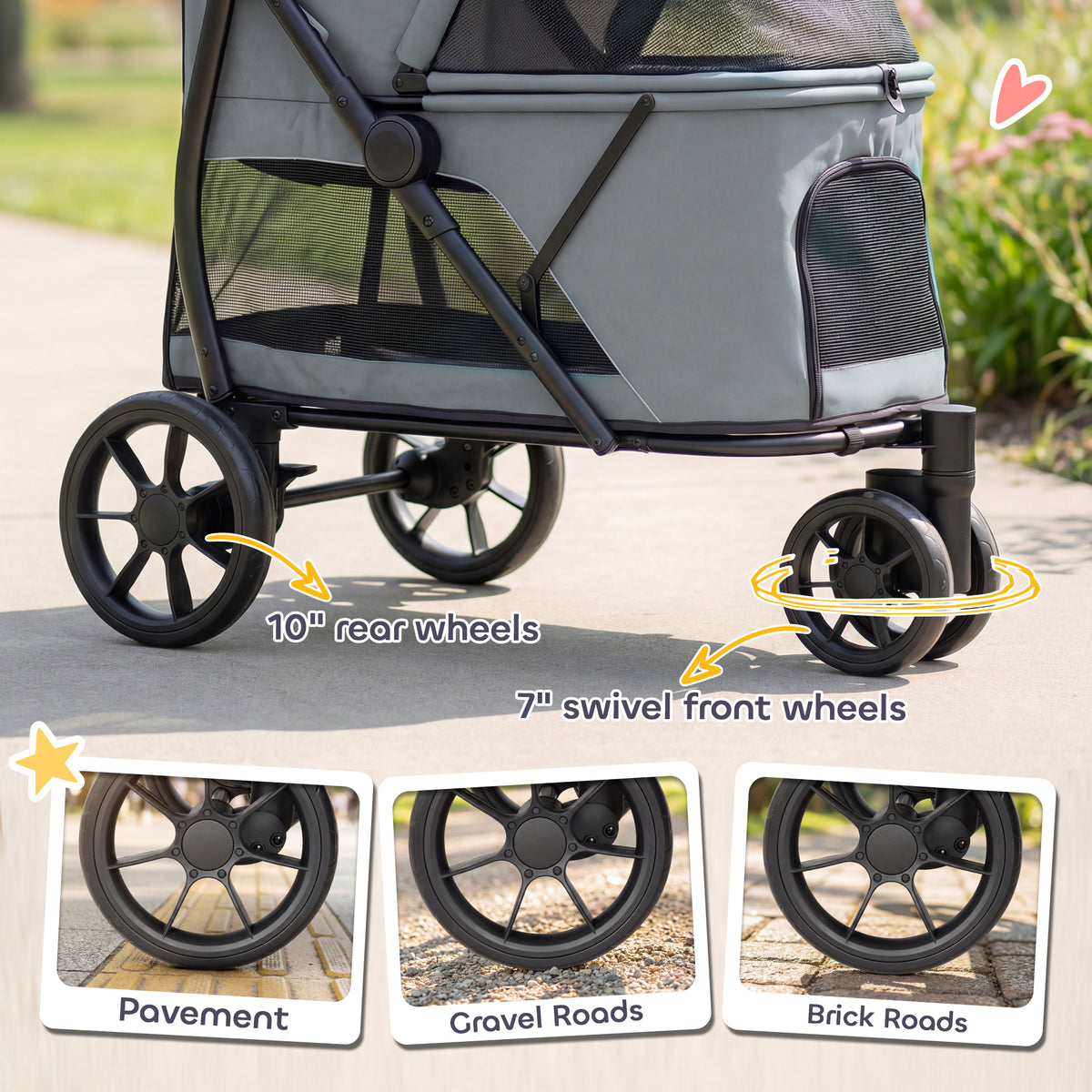 3 Wheel Pet Stroller with Easy One-Click Quick Fold - Gray or Green