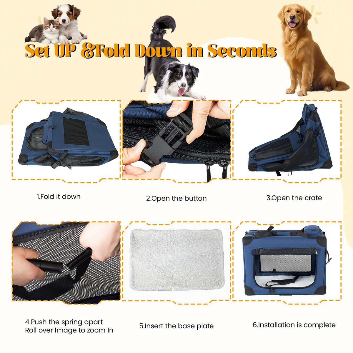 Collapsible Travel Dog Crate. Mesh Windows, Indoor Outdoor Use. 32, 36, & 40 inch.