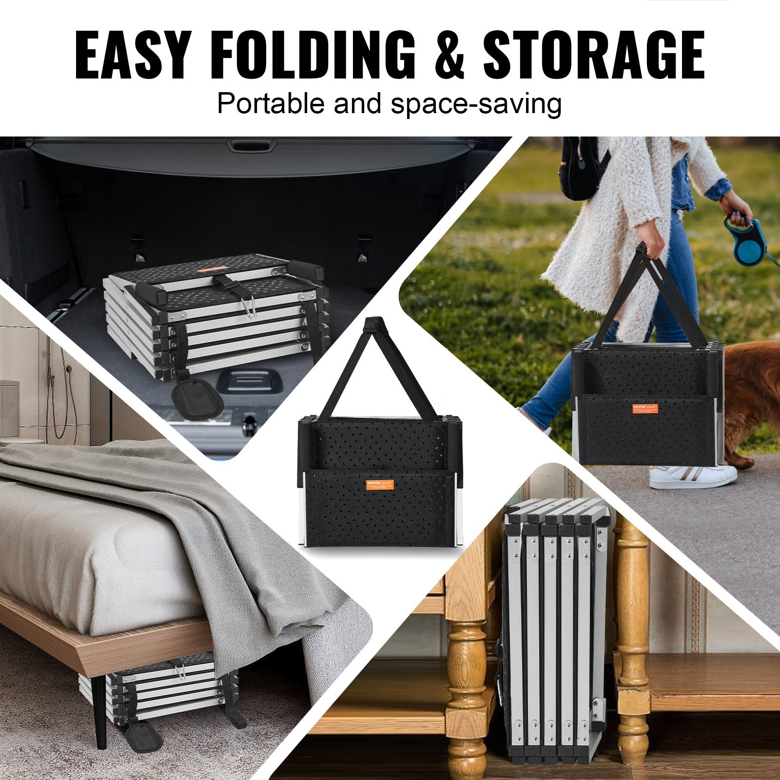 Collage of a portable folding product being used in various settings with text 'Easy Folding & Storage'.