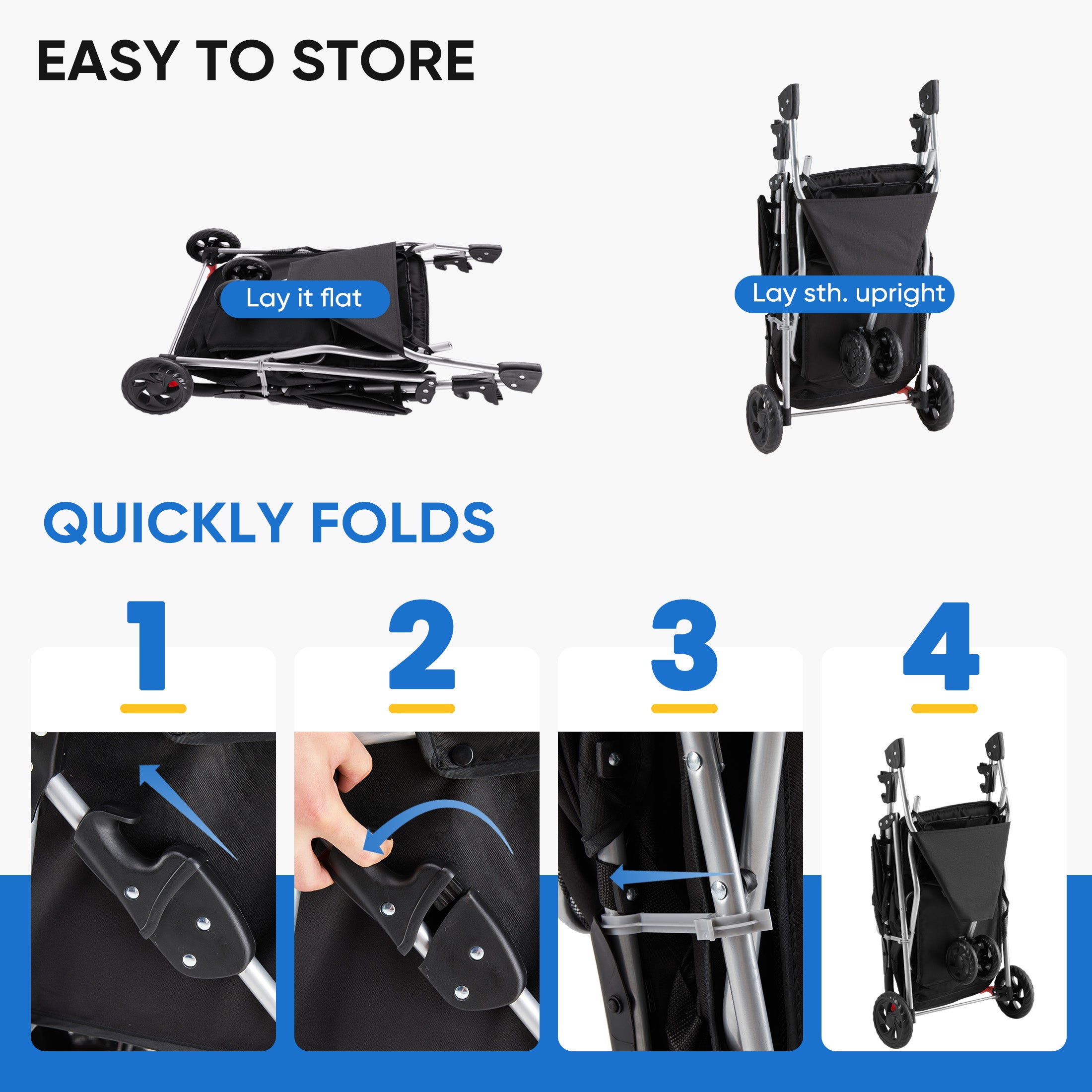 Instructions on how to store and fold a black pet stroller with text and icons.