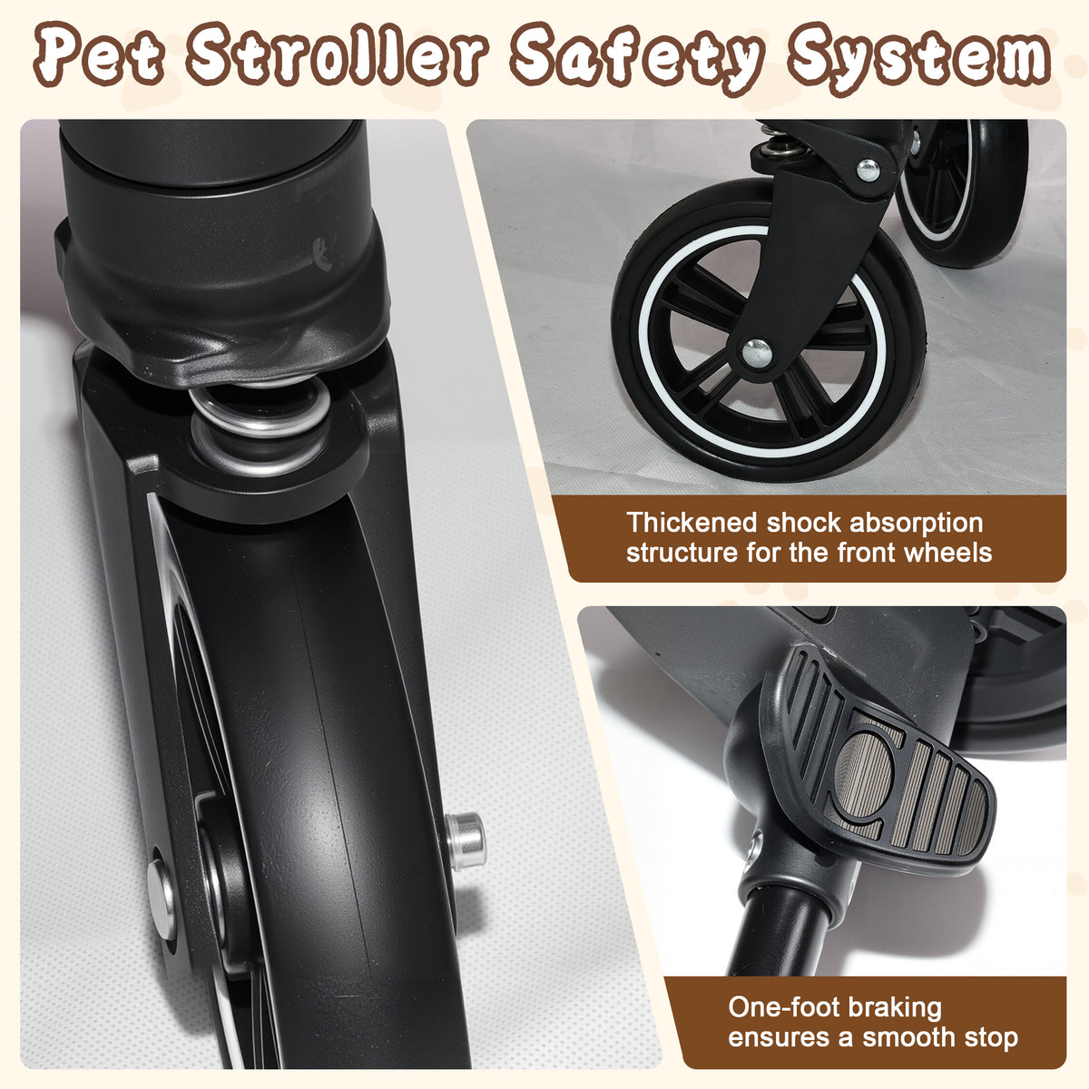 Foldable 4 Wheel Pet Stroller. Quick One-Hand Fold, Detachable Carry Basket (Brown or Black)