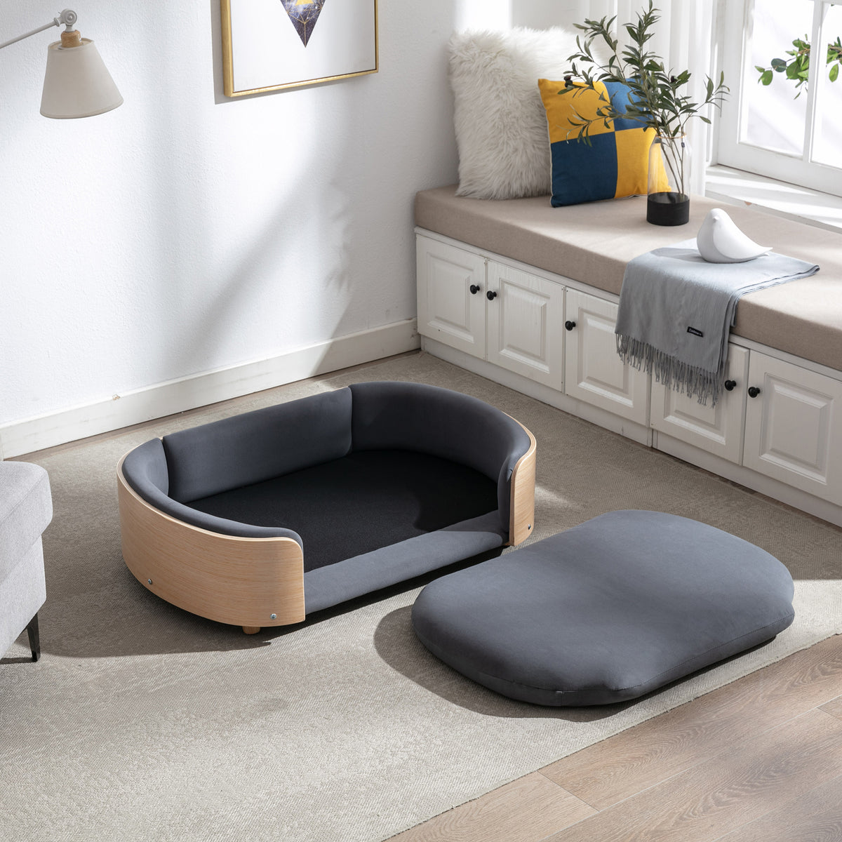 Scandinavian style Elevated Pet Sofa With Solid Wood legs and Wood Back, Multiple colors, Large Size