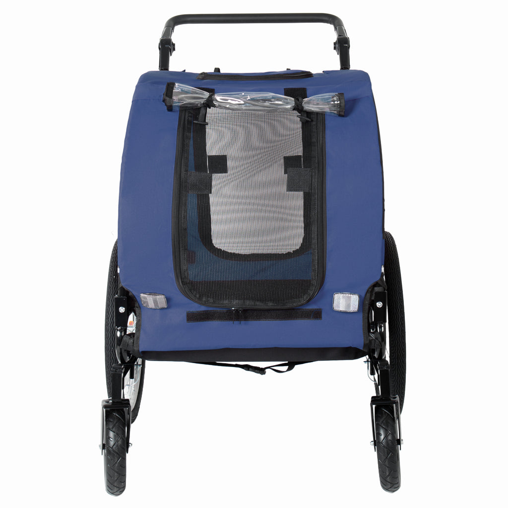 Blue pet stroller/dog trailer with a mesh door and front wheels attached front view