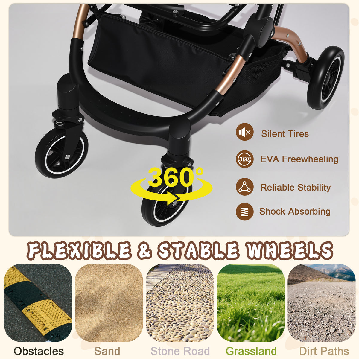 Foldable 4 Wheel Pet Stroller. Quick One-Hand Fold, Detachable Carry Basket (Brown or Black)