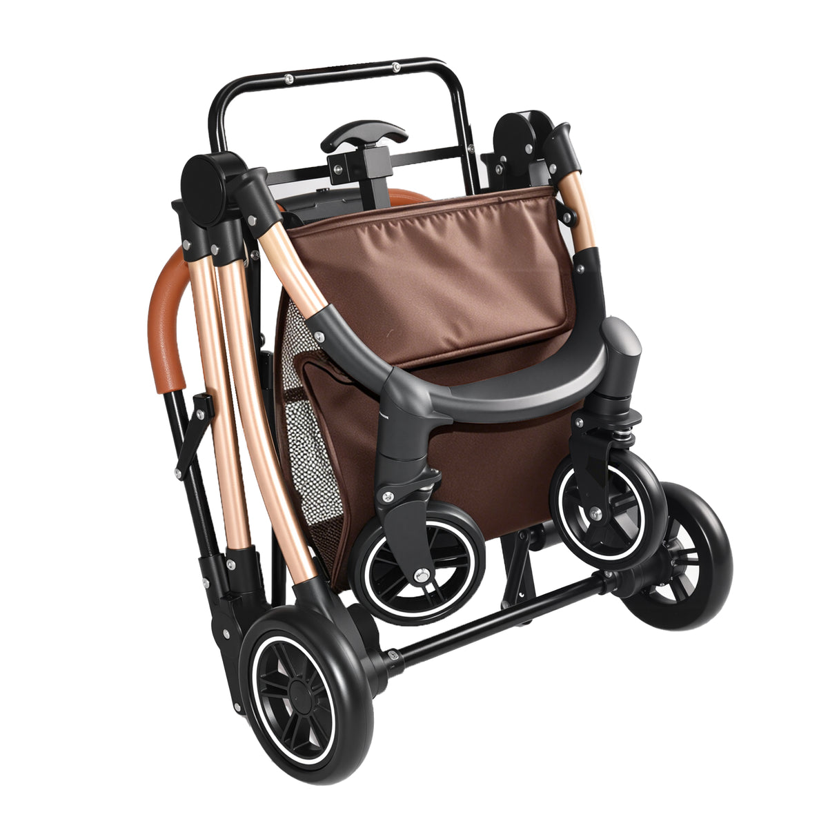 Foldable 4 Wheel Pet Stroller. Quick One-Hand Fold, Detachable Carry Basket (Brown or Black)