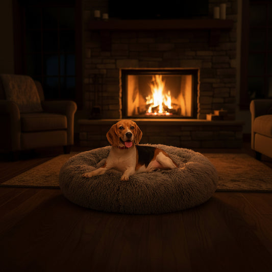 Small dog lying on a fluffy round gray pet bed in front of a fireplace