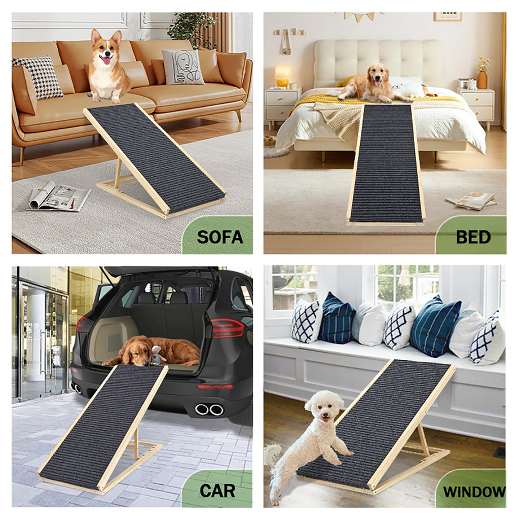 Pet ramp shown in collage of various settings including sofa, bed, car, and window seat.