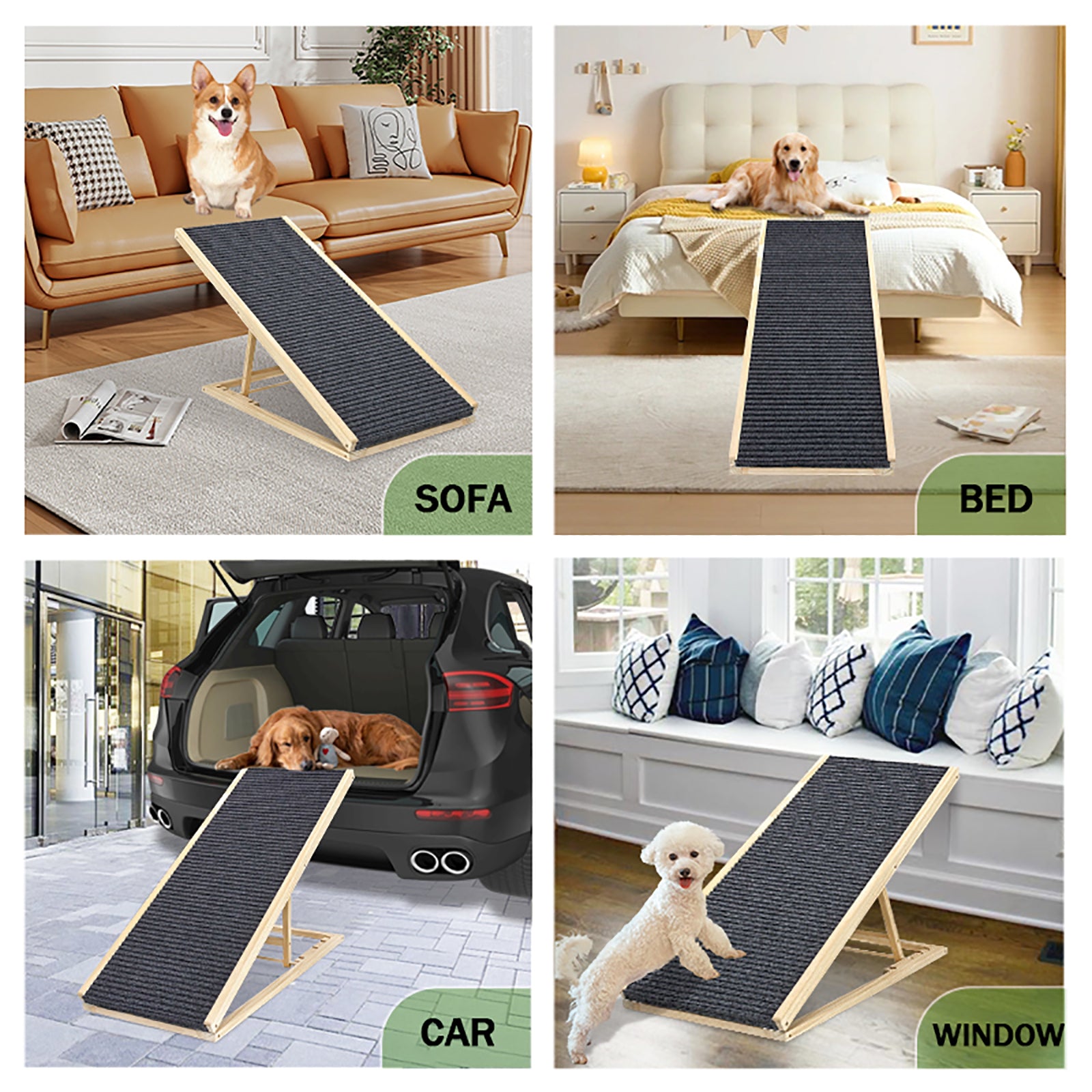 Pet ramp shown in collage of various settings including sofa, bed, car, and window seat.