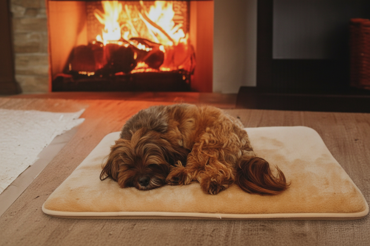 A small fluffy dog sleeping on a beige pet bed placed on a wooden floor in front of a warm fireplace.