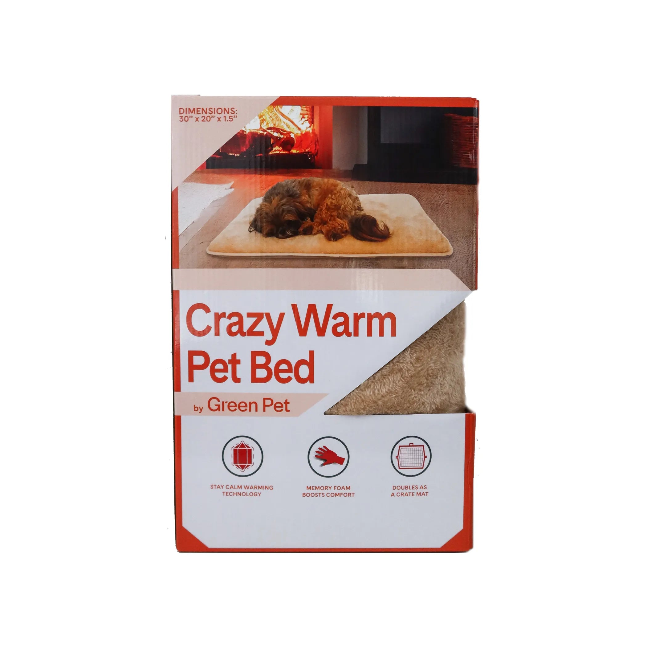 Package of Crazy Warm Pet Bed by Green Pet with a dog lying on a bed in the background.
