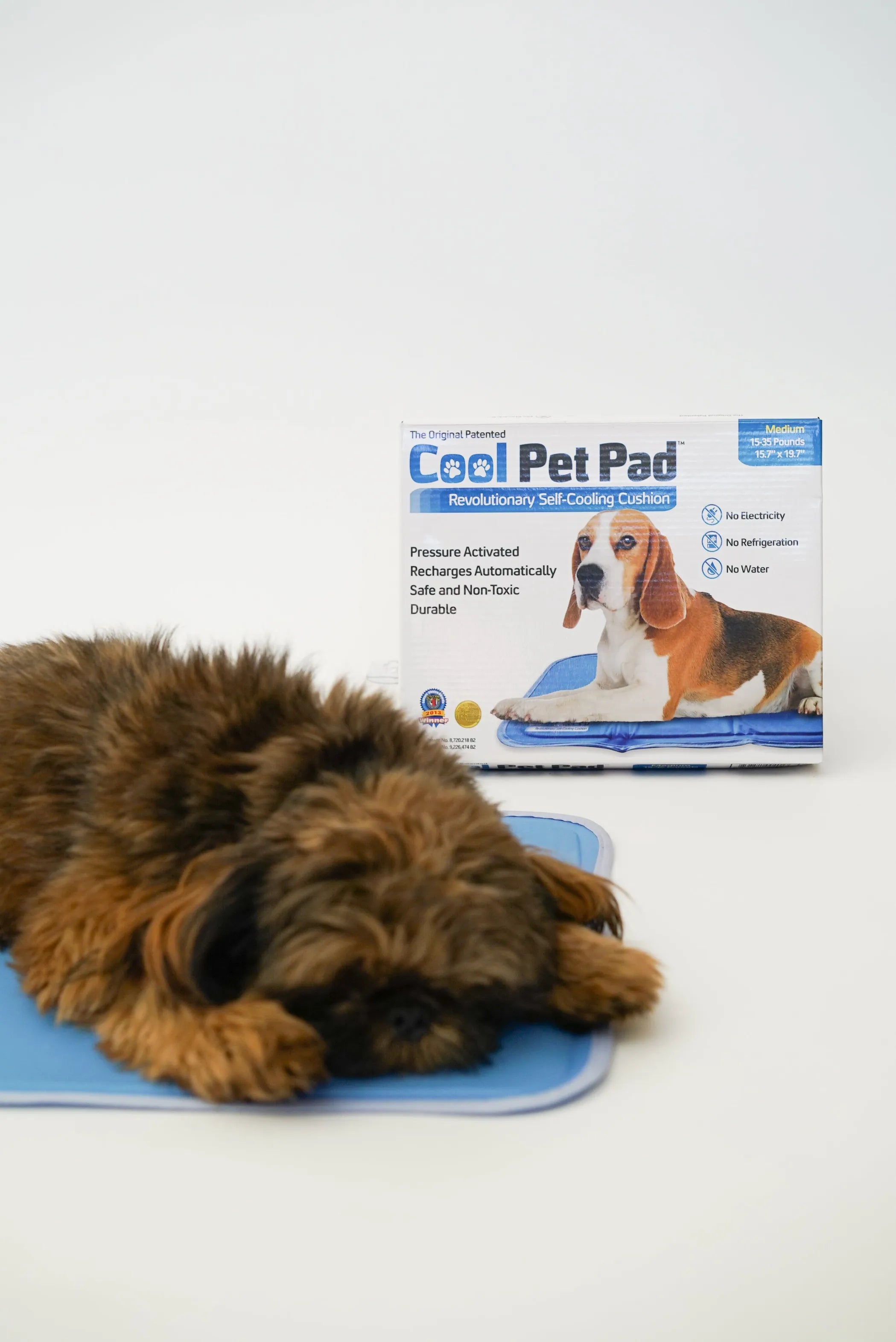Cool Pet Pad with a dog lying on it and its packaging in the background.
