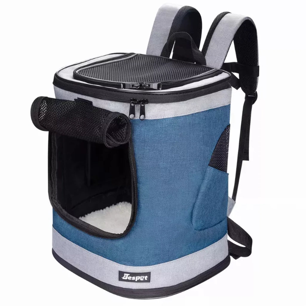 Blue and gray pet carrier backpack with a visible brand logo