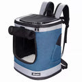 Blue and gray pet carrier backpack with a visible brand logo