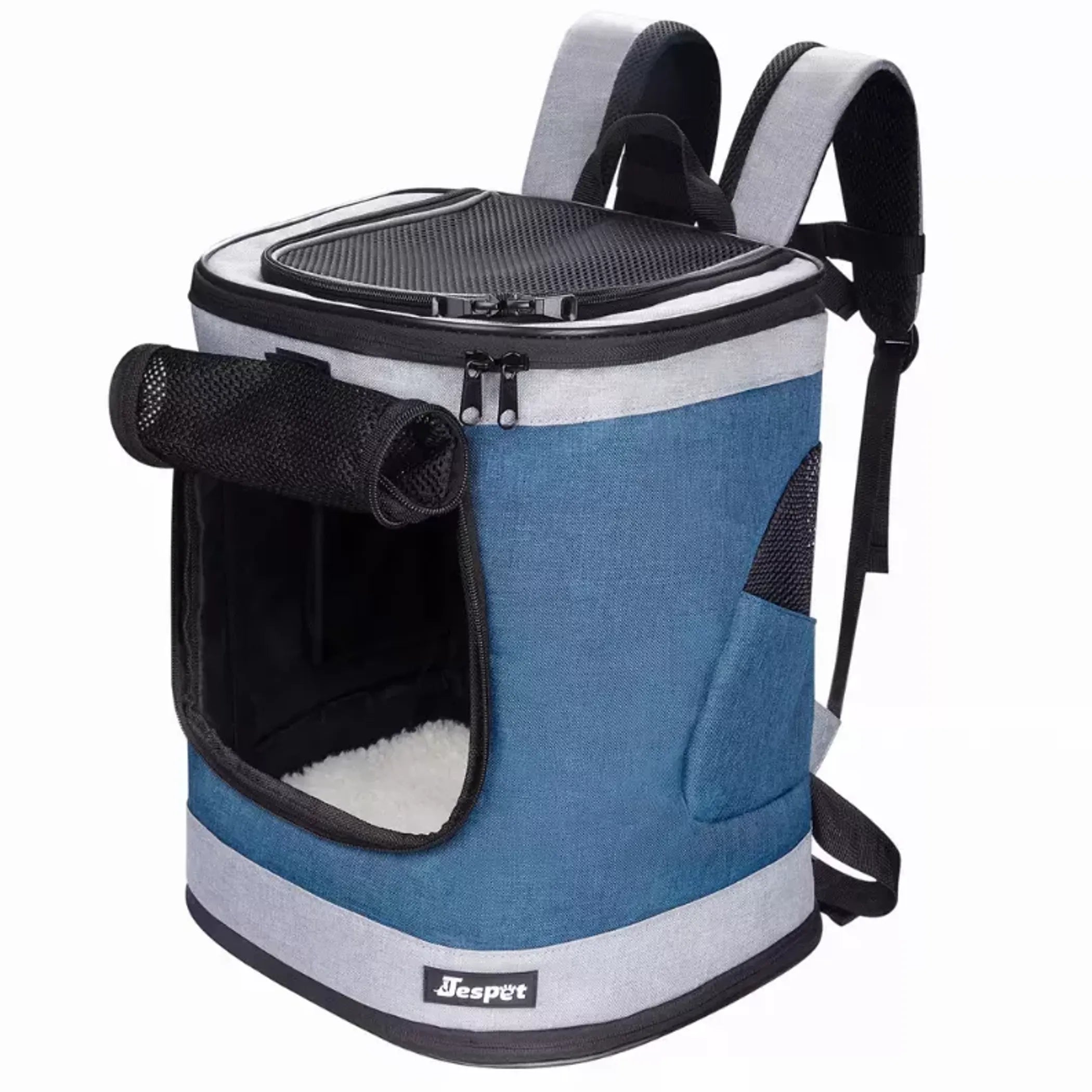 Blue and gray pet carrier backpack with a visible brand logo