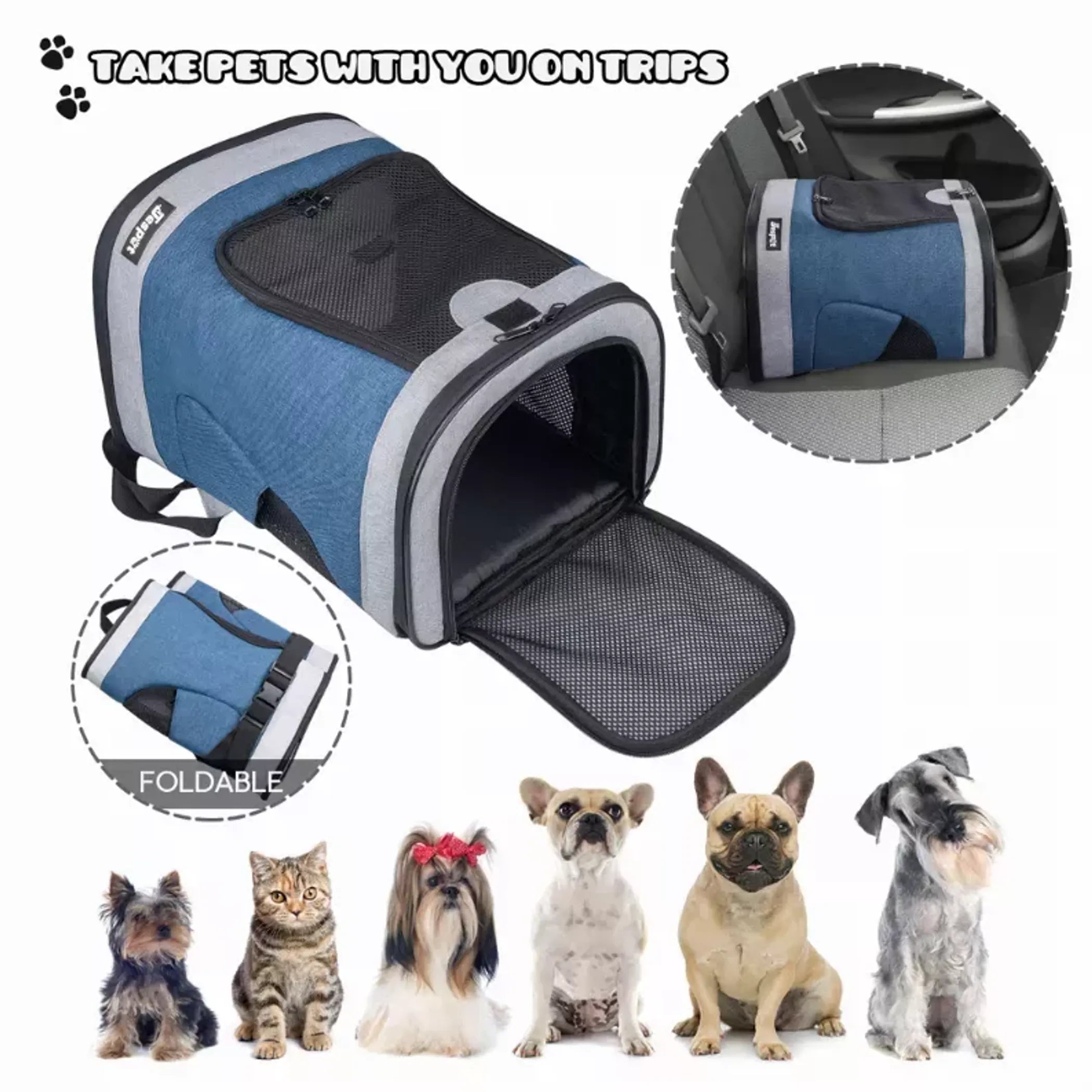 Pet carrier with images of pets and carrier in car and text 'Take pets with you on trips'.