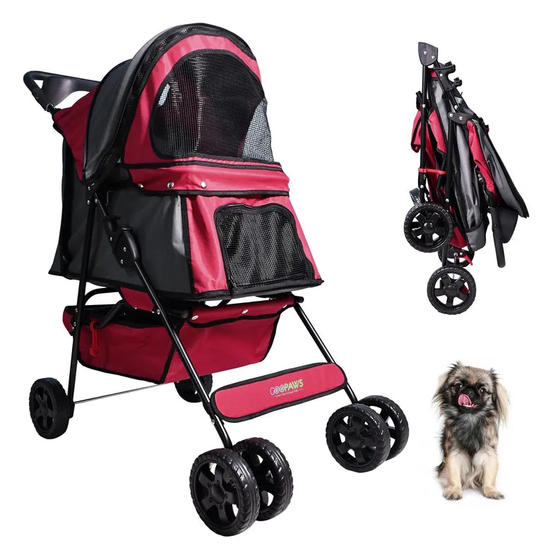Red and black pet stroller with a small dog and image of the stroller folded