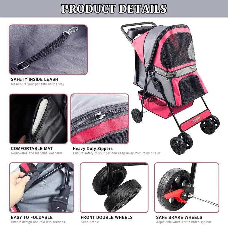 Pet stroller with safety features and design details