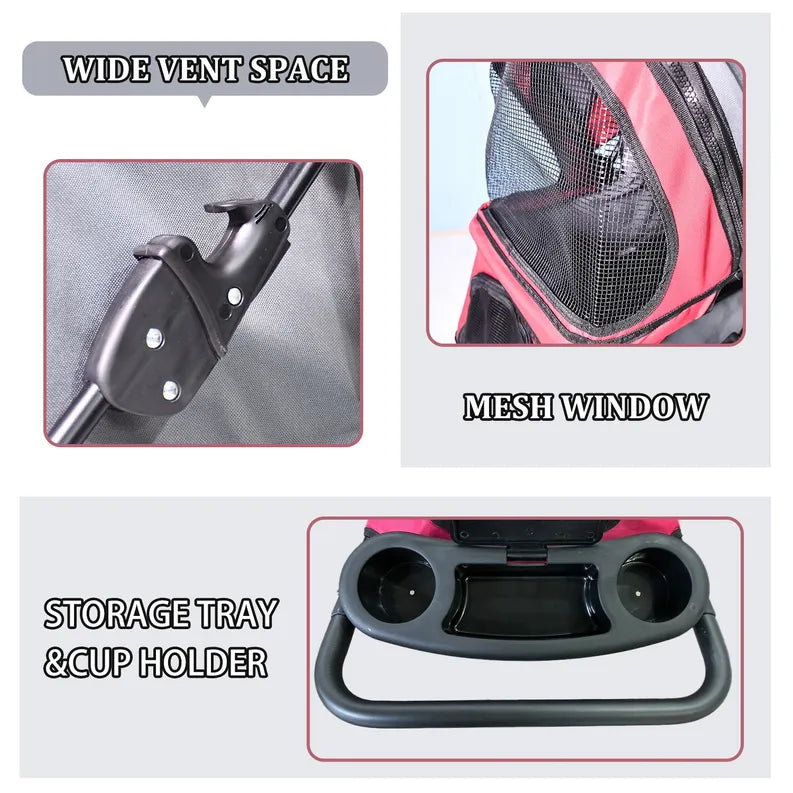 Pet stroller with wide vent space, mesh window, storage tray, and cup holder features.