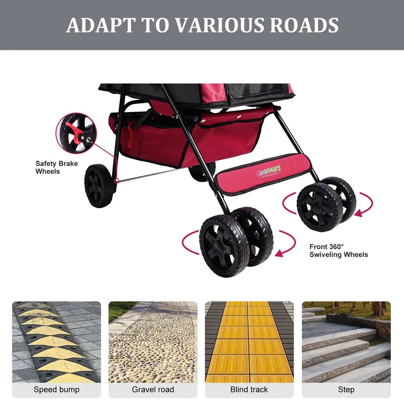 Red pet stroller with labeled wheels on a white background, demonstrating adaptability to various road conditions.