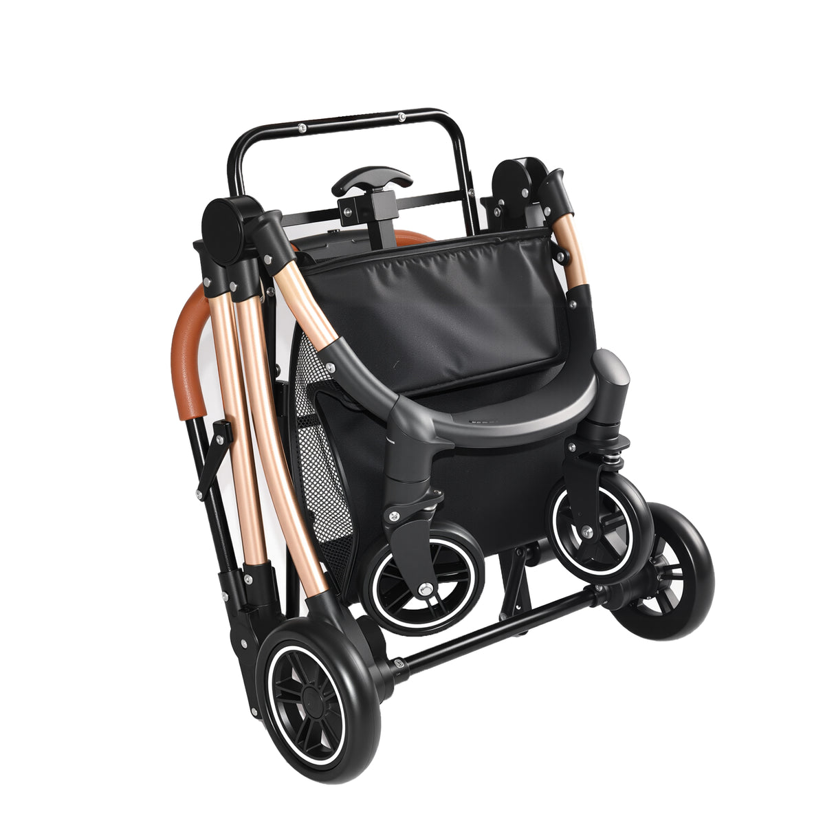 Foldable 4 Wheel Pet Stroller. Quick One-Hand Fold, Detachable Carry Basket (Brown or Black)