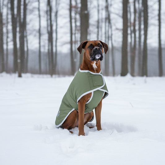 Dog wearing a green coat with a paw print outdoors in the snow
