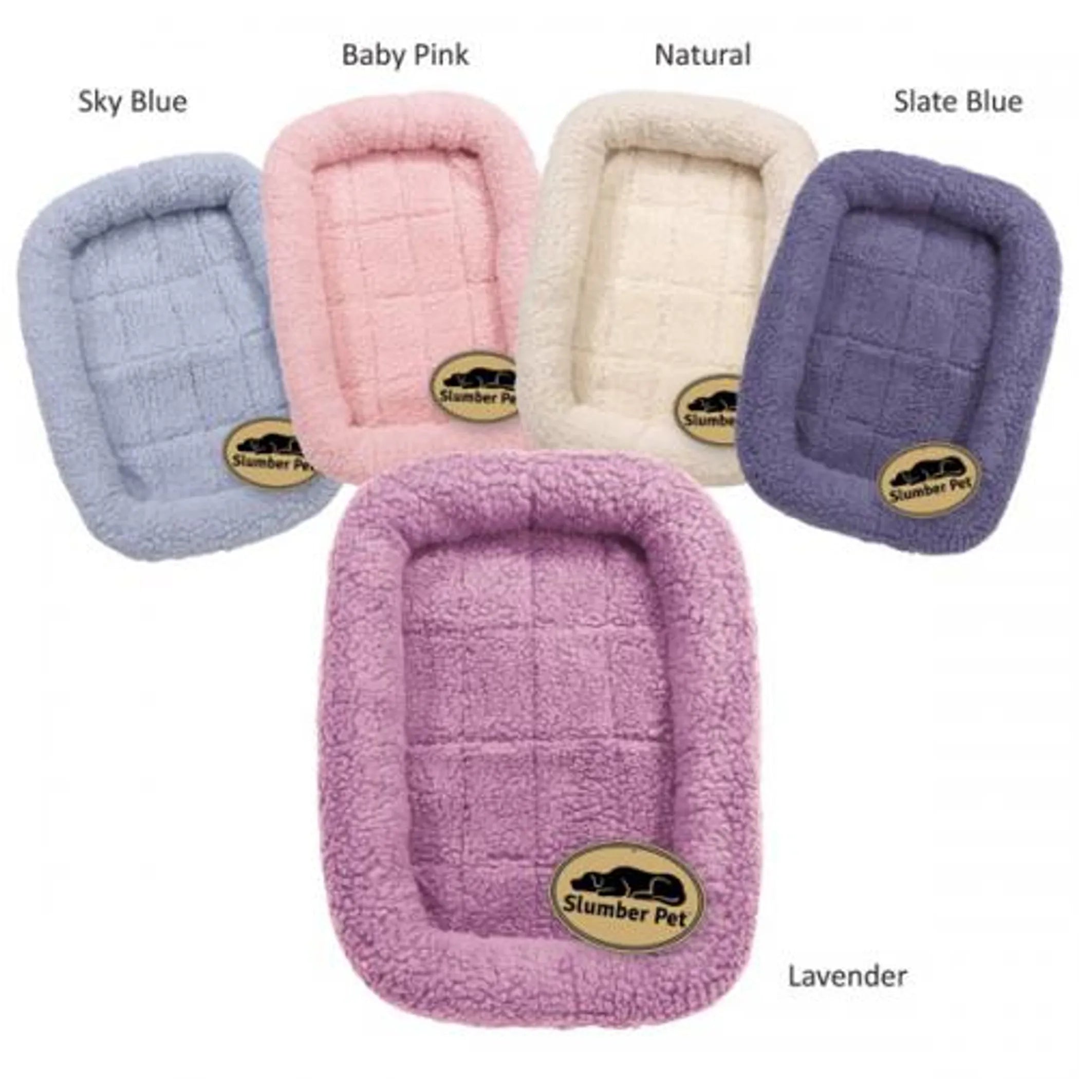 Five pet beds in different colors with 'Slumber Pet' branding. Sky Blue, Baby Pink, Natural, Slate Blue, and Lavender