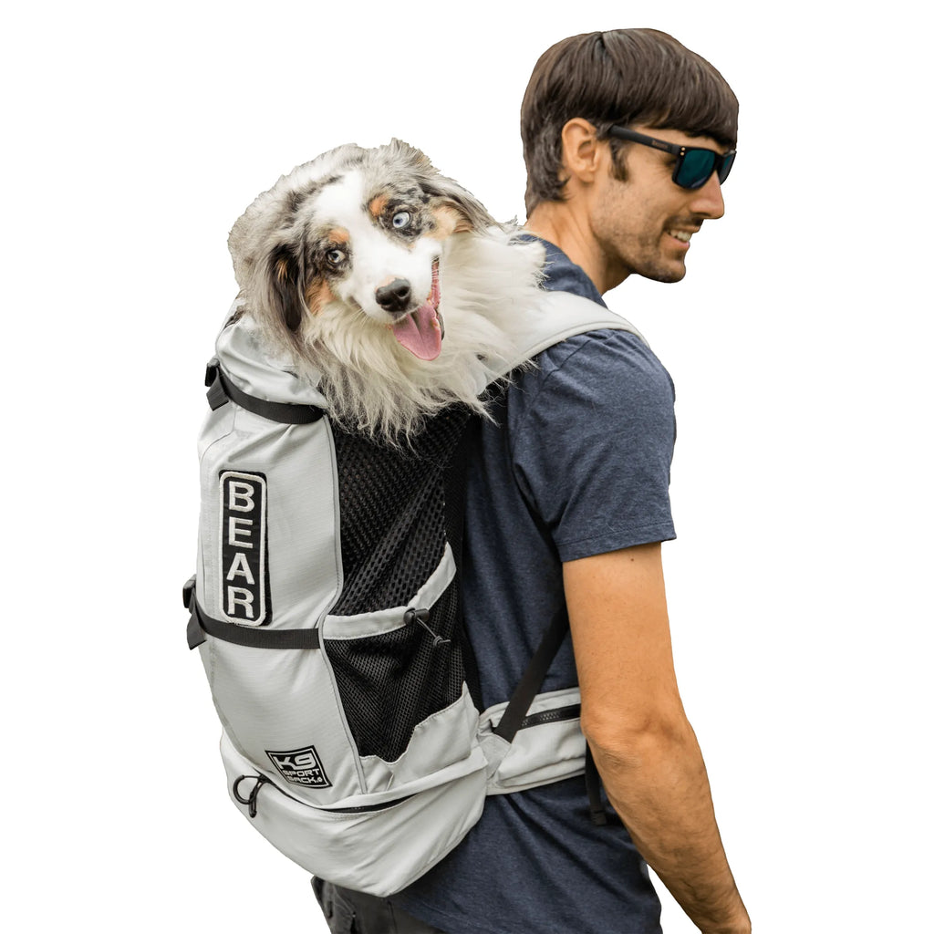 A man wearing a gray and black dog carrier backpack with a fluffy white, gray, and black dog sitting on his back,
