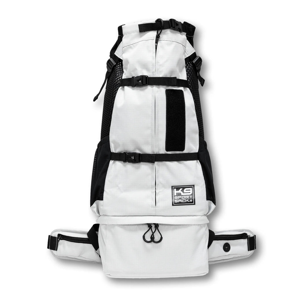 White and black backpack with visible branding