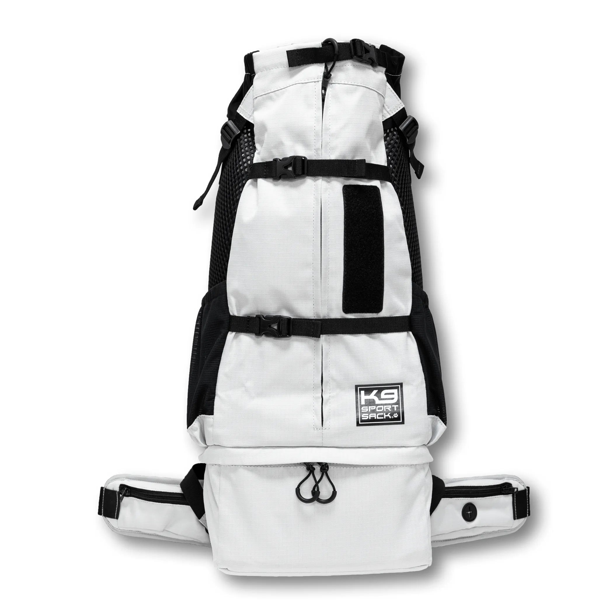 White and black backpack with visible branding