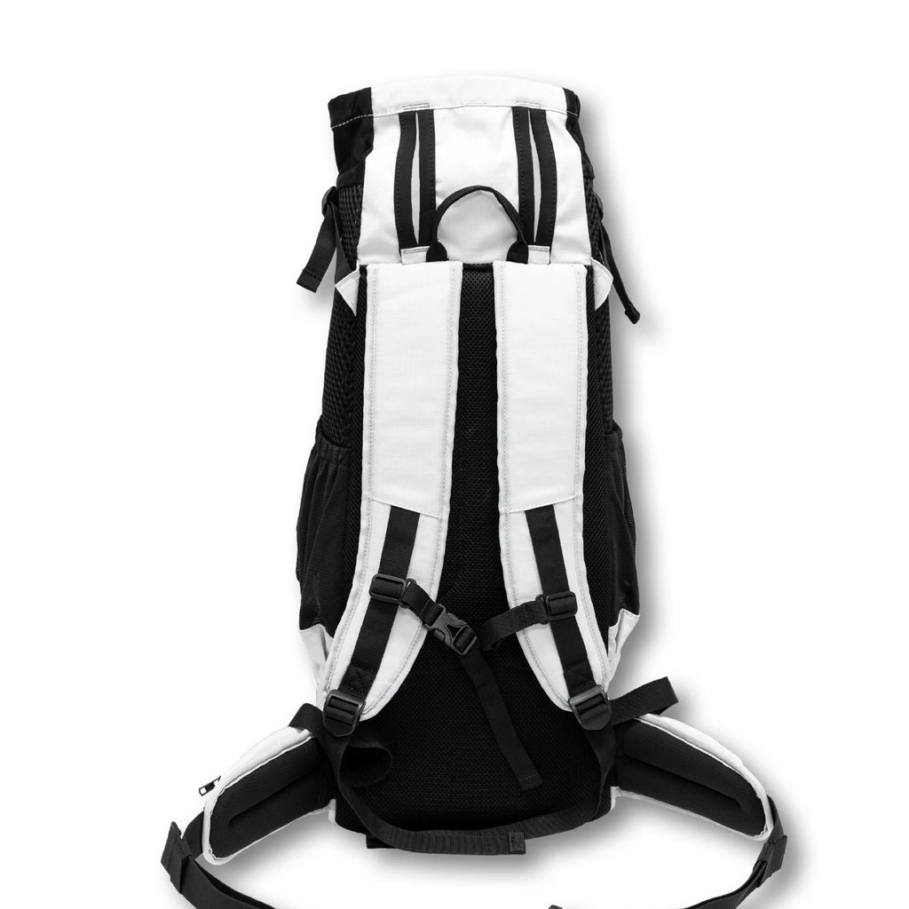 Black and white pet backpack from the rear