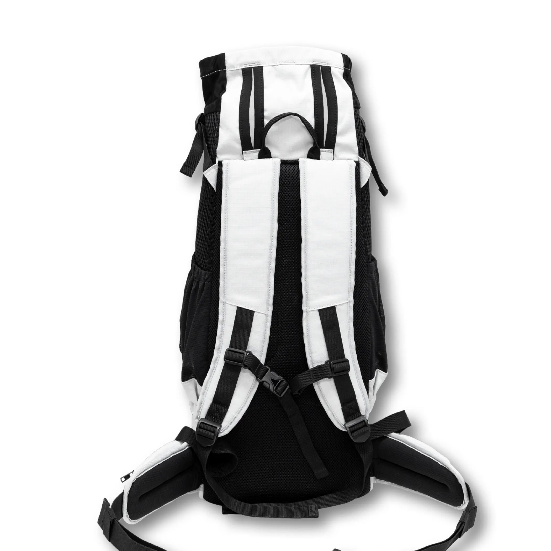 Black and white pet backpack from the rear