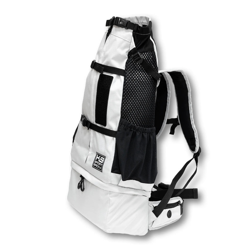 White and black per backpack with visible branding