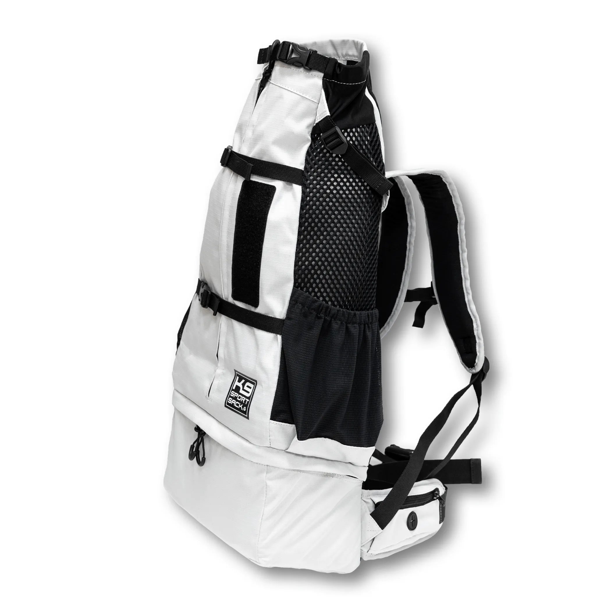 White and black per backpack with visible branding