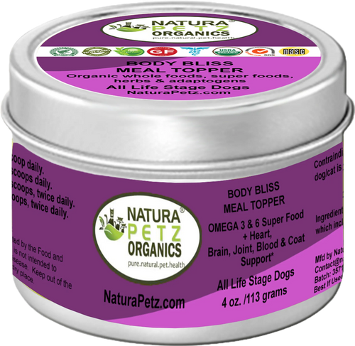 Natura Petz Organics Body Bliss Meal Topper for dogs container with purple label