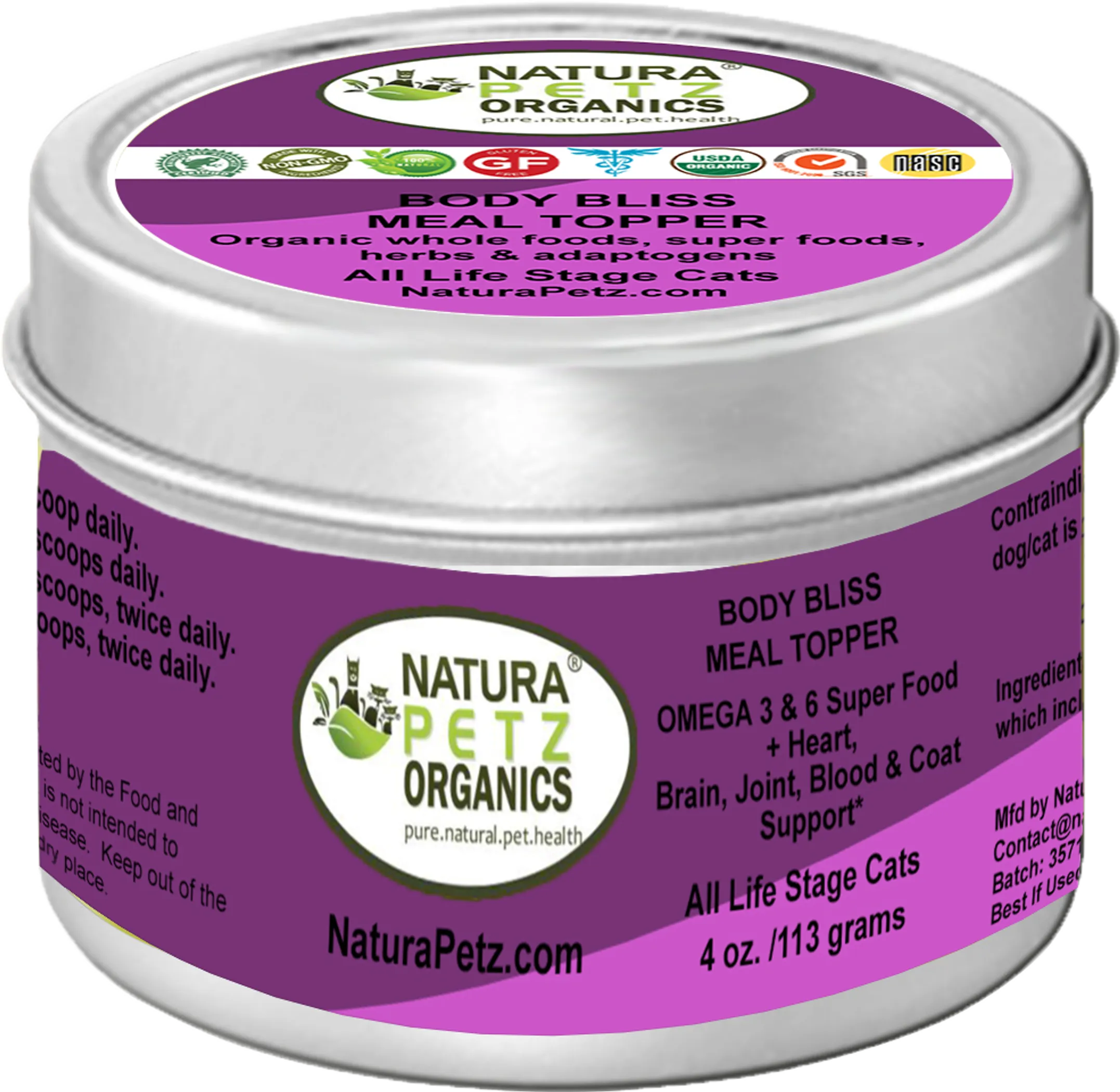 Natura Petz Organics Body Bliss Meal Topper for cats container with purple label