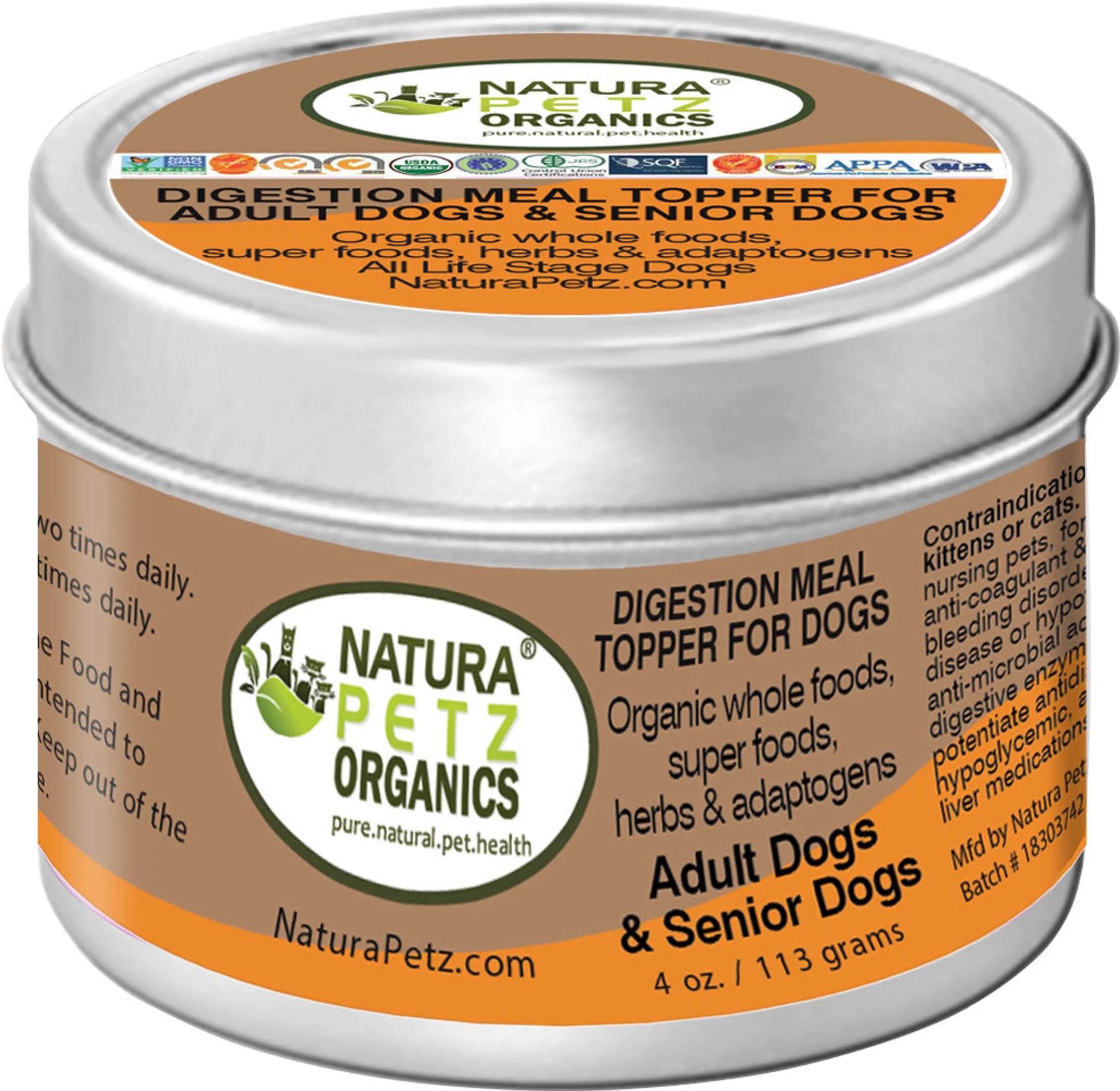 Natura Petz Organics digestion meal topper for dogs in a metal container.