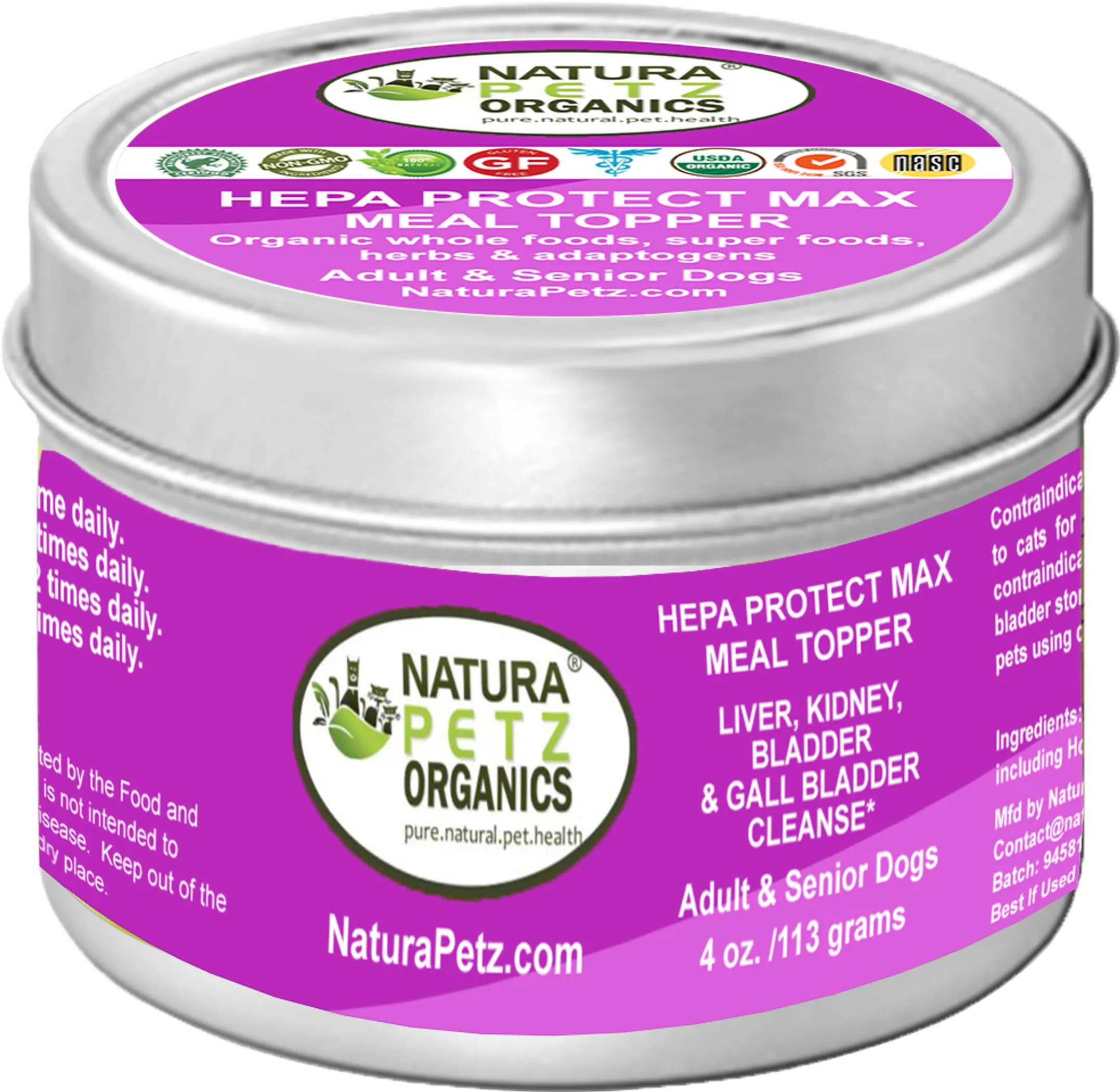 Tin of Natura Petz Organics Hepa Protect Max Meal Topper for dogs 