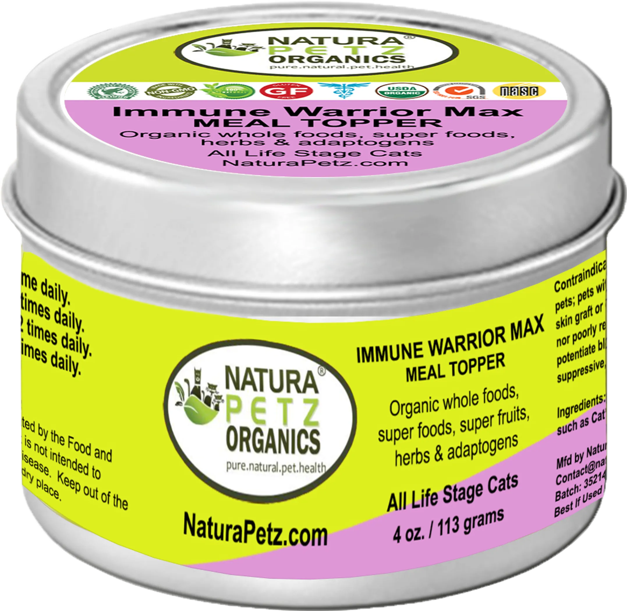 Natura Petz Organics Immune Warrior Max meal topper for cats container 