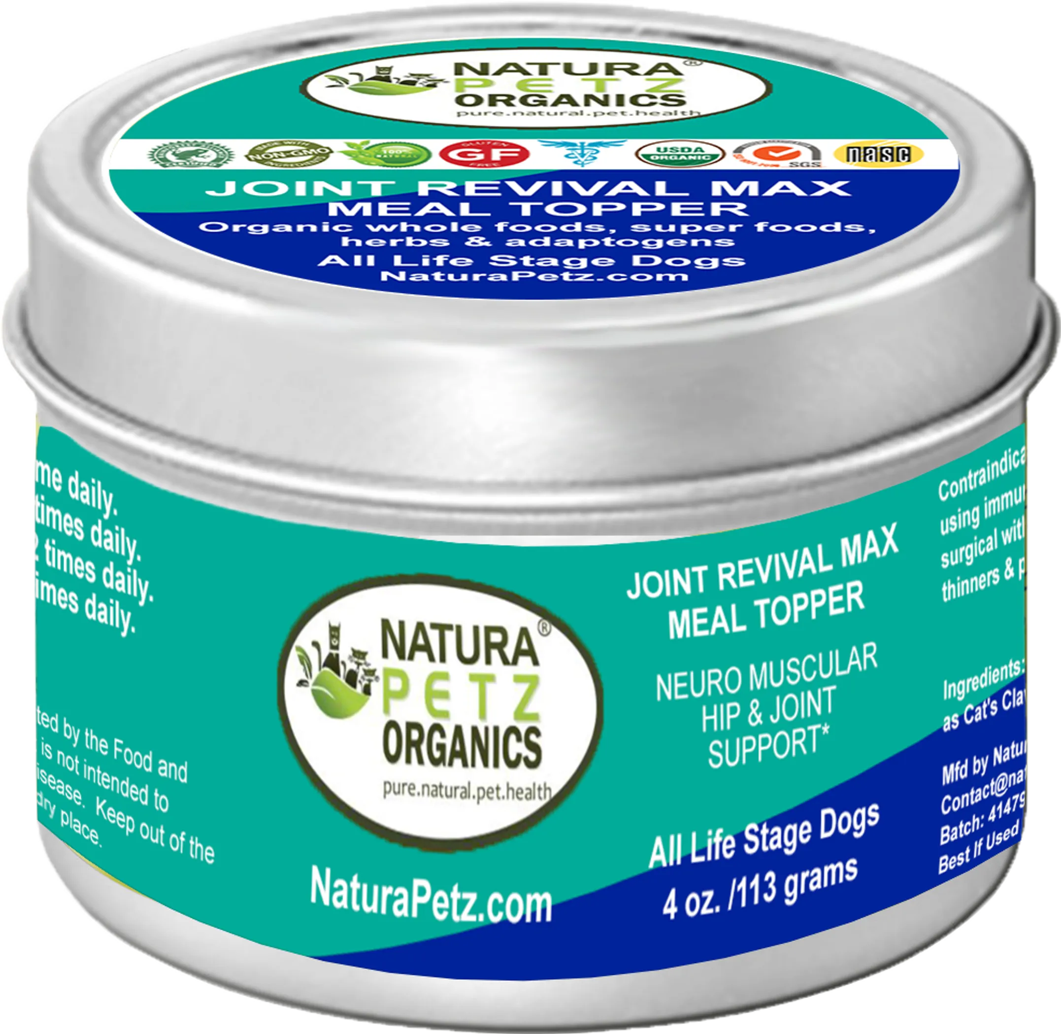 Natura Petz Organics Joint Revival Max Meal Topper for dogs container 