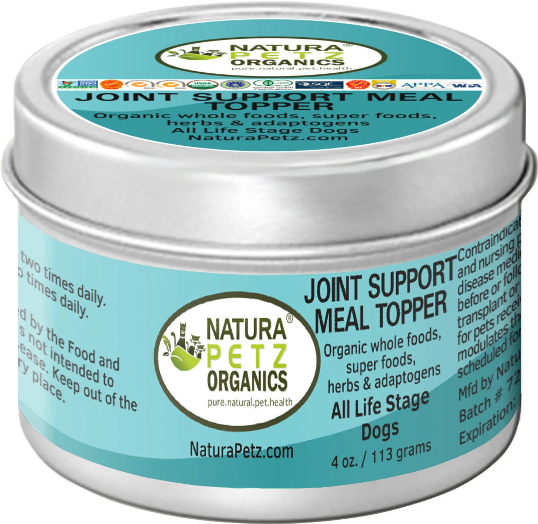 Natura Petz Organics Joint Support Meal Topper for dogs container