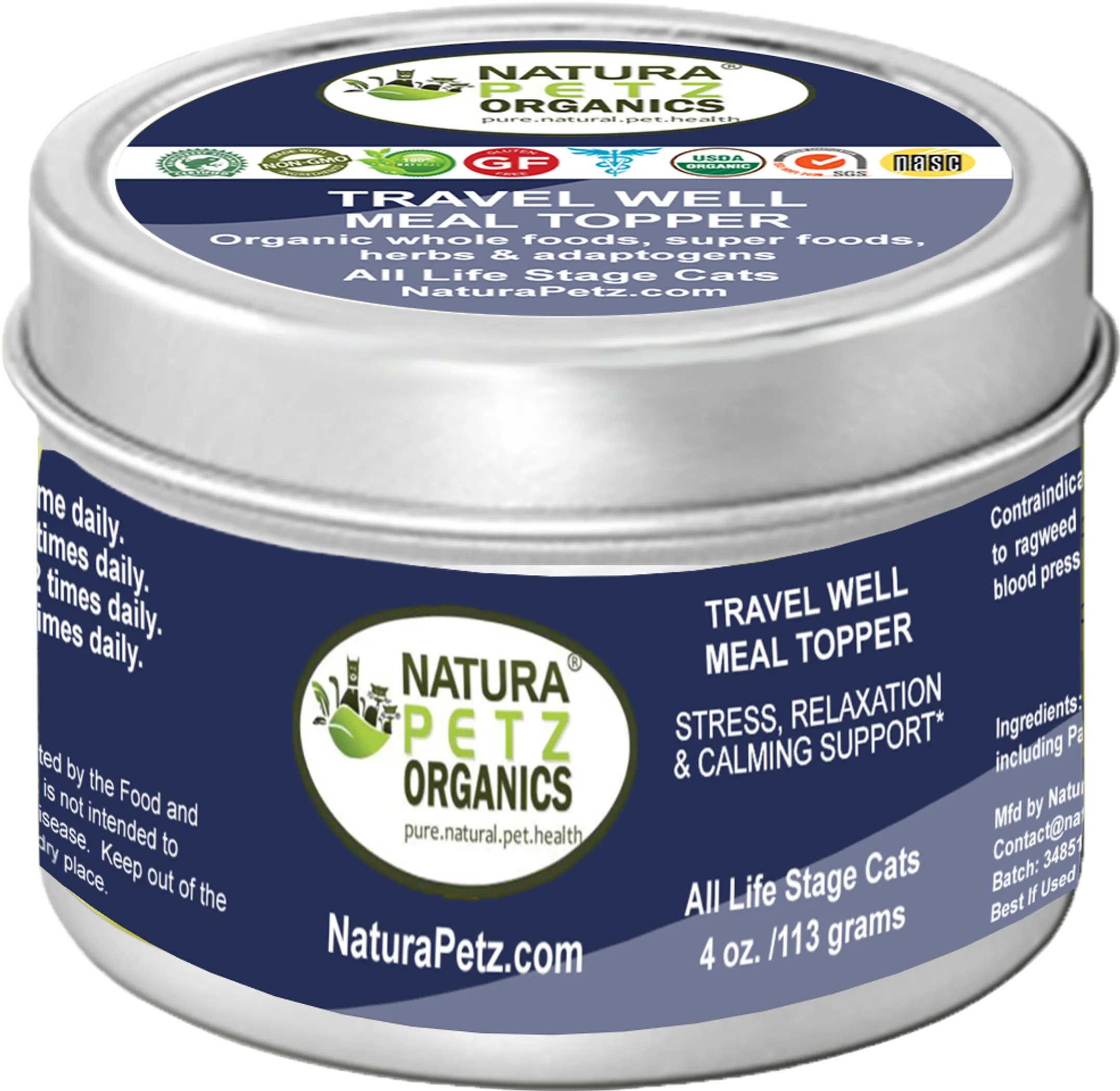 Natura Petz Organics travel well meal topper for cats in a metal tin with blue label.