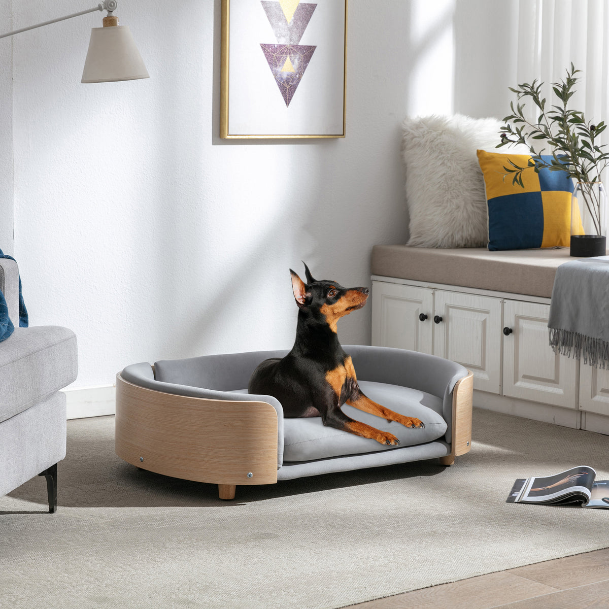 Scandinavian style Elevated Pet Sofa With Solid Wood legs and Wood Back, Multiple colors, Large Size