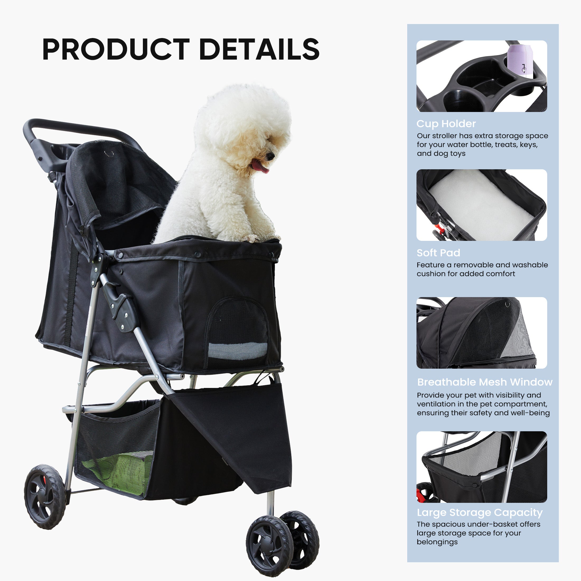 Pet stroller with a dog inside, featuring product details on the right.