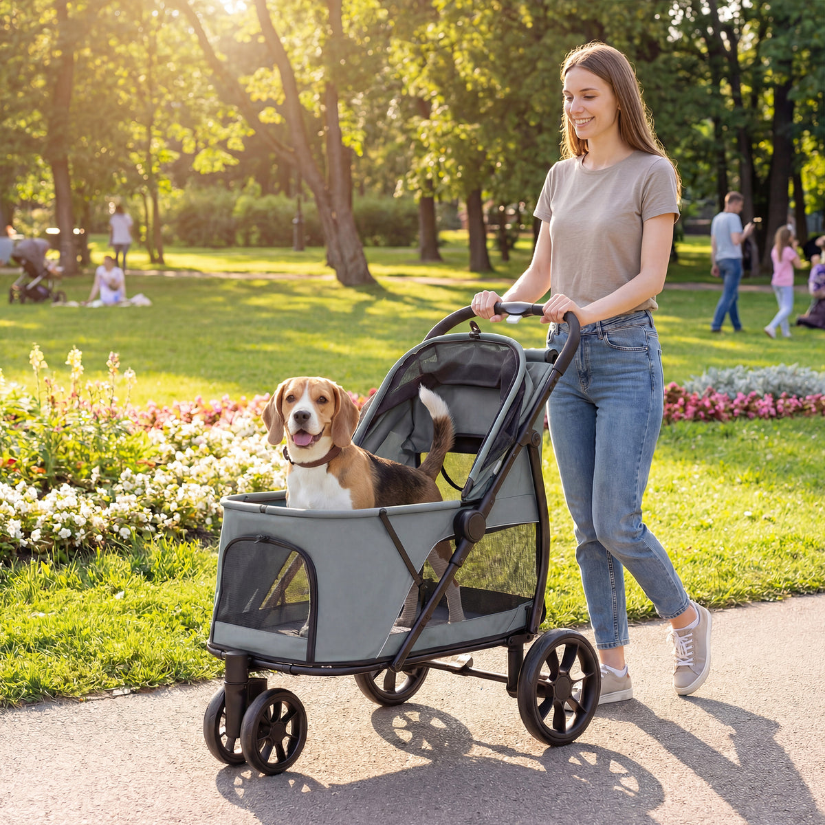 3 Wheel Pet Stroller with Easy One-Click Quick Fold - Gray or Green
