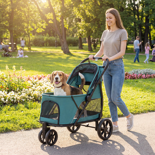 3 Wheel Pet Stroller with Easy One-Click Quick Fold - Gray or Green