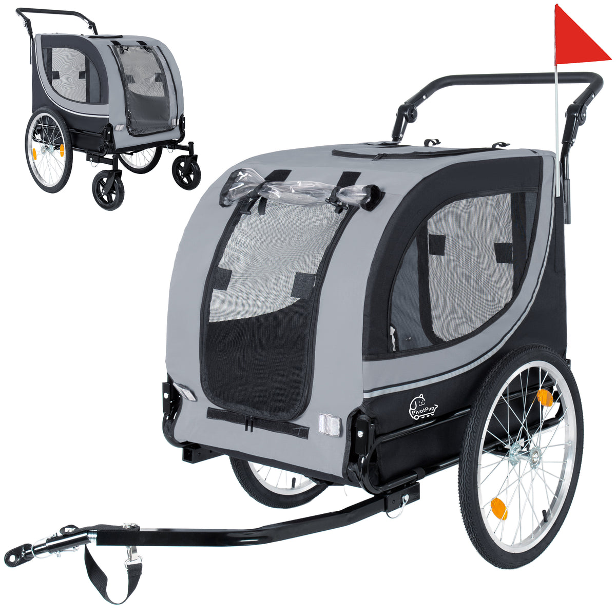 2-in-1 Foldable Bike Trailer & Pet Stroller For Dogs Up To 100lbs - Grey, Blue or Red
