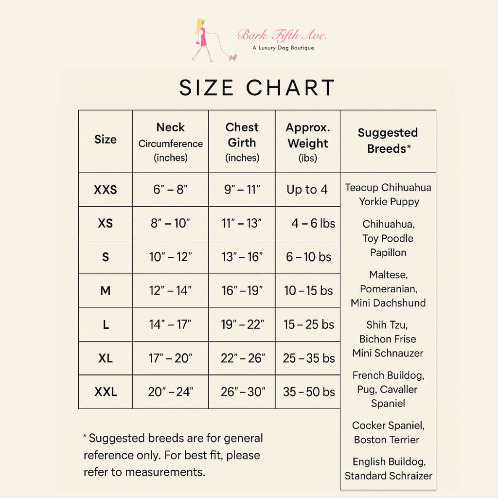 A size chart table for a dog coat, showing sizes XXS to XXL with neck circumference, chest girth, approximate weight, and suggested breeds. The chart has the brand name 'Bark Fifth Ave'.
