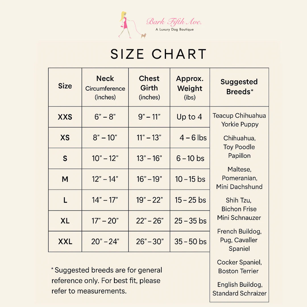A size chart table for a dog coat, showing sizes XXS to XXL with neck circumference, chest girth, approximate weight, and suggested breeds. The chart has the brand name 'Bark Fifth Ave'.