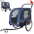 Blue and black pet stroller or bike trailer with a red flag left side and also right side